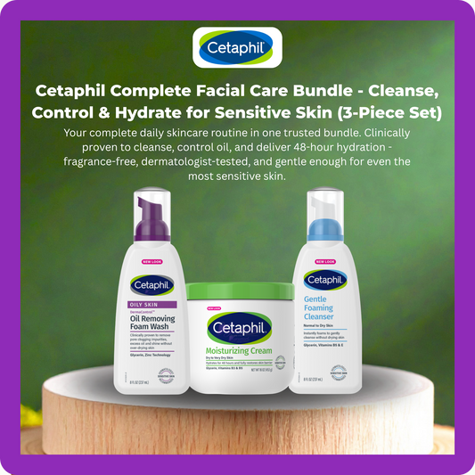 Cetaphil Daily Skincare Bundle featuring Moisturizing Cream, Gentle Foaming Cleanser, and DermaControl Oil Removing Foam Wash  3-piece dermatologist-tested set for all skin types, imported from USA, available in Kuwait.
